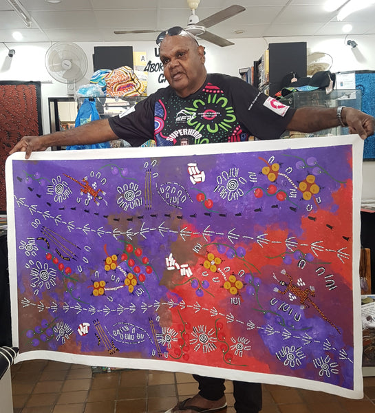 #143 Kangaroo Hunting - SANDY WALKER:  - Desert Art Australia SIZE: 92x153cm