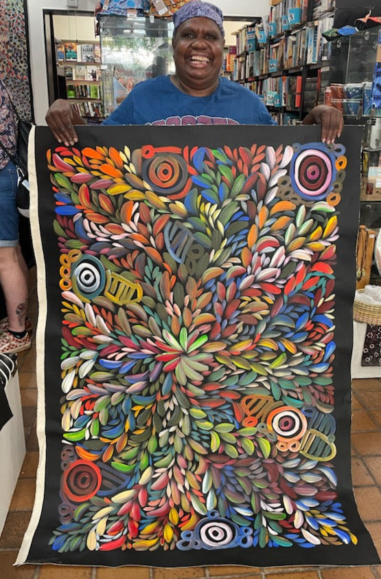 #116 Women's Body Design + Bush Medicine (Multi)  LOUISE NUMINA : Aboriginal Art: 94x145cm