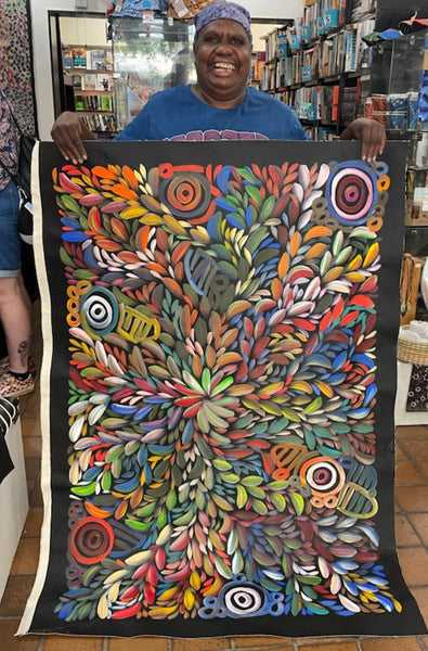 #116 Women's Body Design + Bush Medicine (Multi)  LOUISE NUMINA : Aboriginal Art: 94x145cm