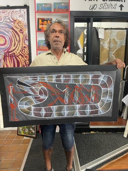 #197 Rainbow Serpent and Mimi Spirits - EDDIE BLITNER : Aboriginal Art : 43x95cm