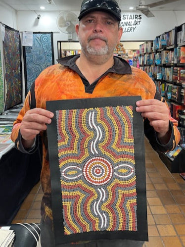 #27 People at Waterhole (Earth) - BEVAN CLANCY TJAMPITJIMPA 25x43cm