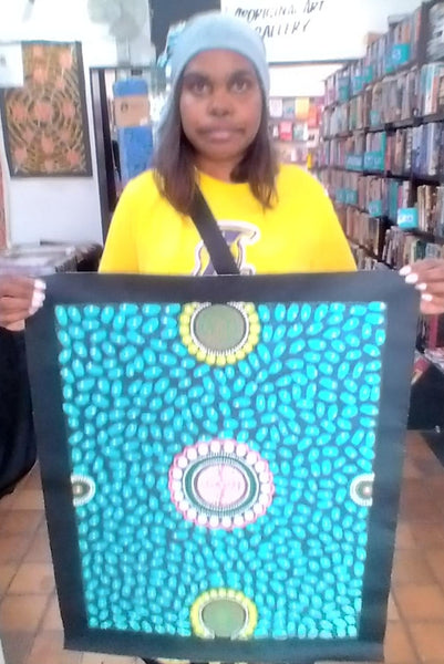 #221 ALIARA BIRD After the Rain (Aqua/Teal) : Aboriginal Art: 52x67cm