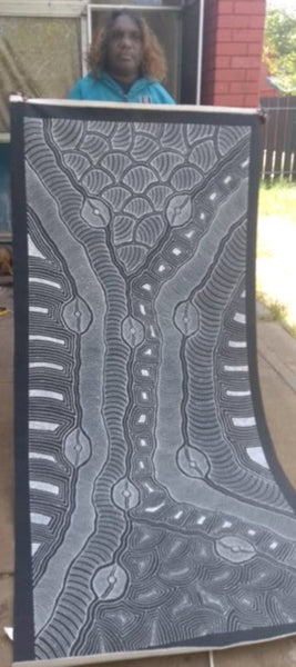 #157 My Country (Black/White) ARTIST: DELVINE PETYARRE 200cm x 72cm