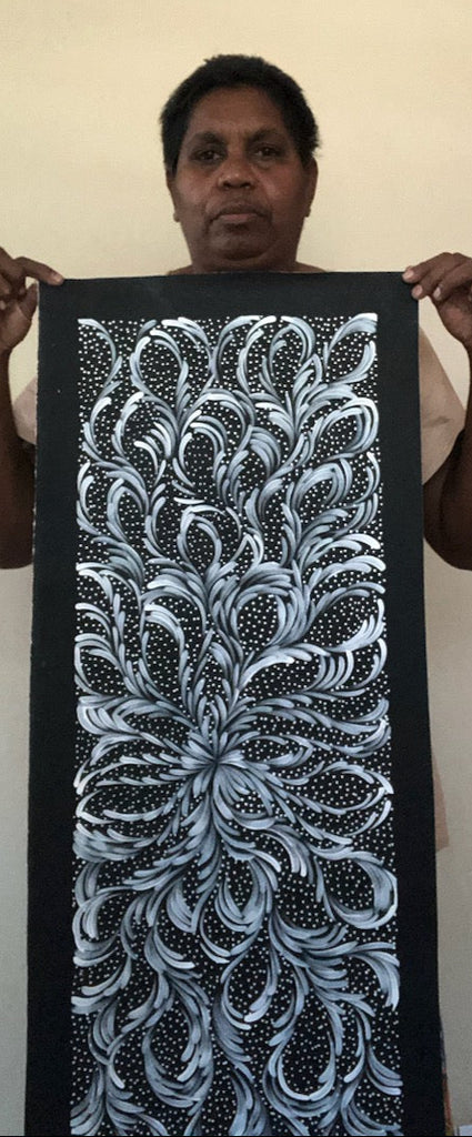 #274 Bush Medicine Leaves & Seeds (White) - SELINA NUMINA : Aboriginal Art: 93cm x 32xm
