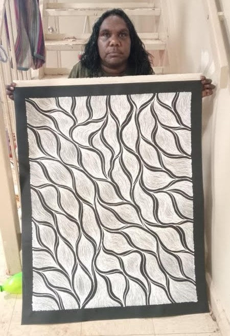 #91 My Country (Black/White) ARTIST: DELVINE PETYARRE 72cm x 93cm