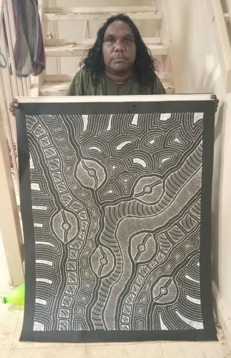 #100 My Country (Black/White) ARTIST: DELVINE PETYARRE 73cm x 94cm