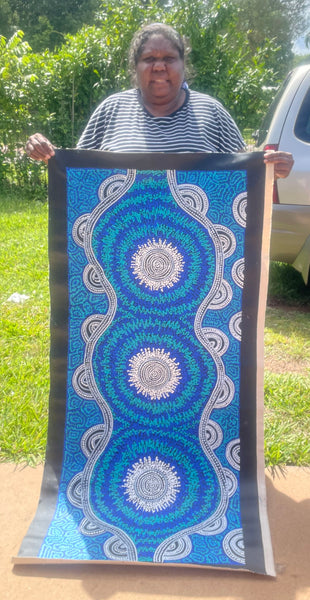 #332 Emu Dreaming (Blues) - SHARON NUMINA : Aboriginal Art: 138x60cm