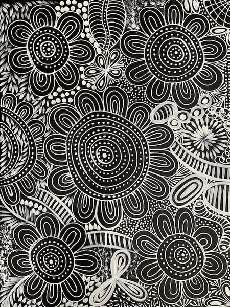 #192 Women Collecting Bush Leaves (White)- SELINA NUMINA : Aboriginal Art: 69cm x 90cm