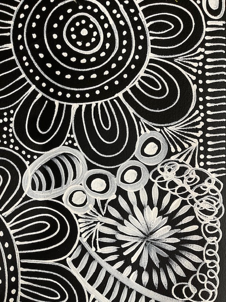 #192 Women Collecting Bush Leaves (White)- SELINA NUMINA : Aboriginal Art: 69cm x 90cm