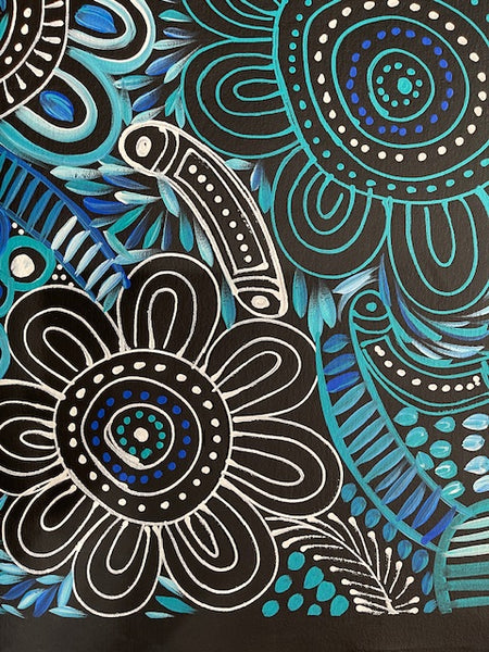 #79 Women Collecting Bush Leaves (Blues)- SELINA NUMINA : Aboriginal Art: 91cm x 80cm