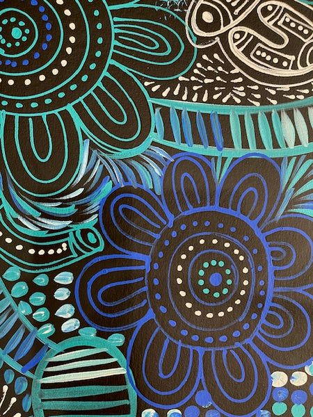 #79 Women Collecting Bush Leaves (Blues)- SELINA NUMINA : Aboriginal Art: 91cm x 80cm