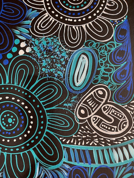 #79 Women Collecting Bush Leaves (Blues)- SELINA NUMINA : Aboriginal Art: 91cm x 80cm
