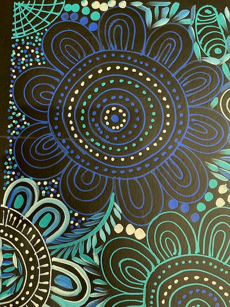 #79 Women Collecting Bush Leaves (Blues)- SELINA NUMINA : Aboriginal Art: 91cm x 80cm