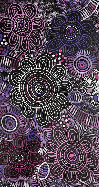 #125 Women Collecting Bush Leaves (Purples)- SELINA NUMINA : Aboriginal Art:  43cm x 60cm