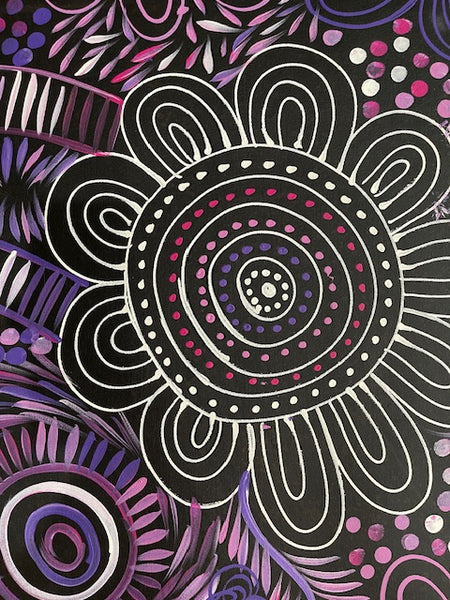 #125 Women Collecting Bush Leaves (Purples)- SELINA NUMINA : Aboriginal Art:  43cm x 60cm