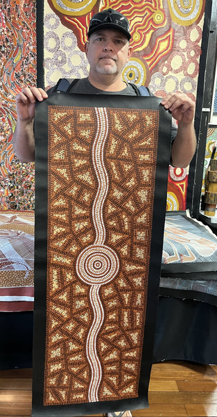 #68 Big River & Waterhole (Earth) BEVAN CLANCY TJAMPITJIMPA Aboriginal Art: 120cm x 39cm