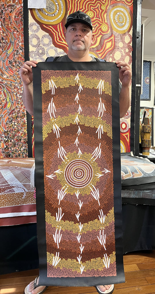 #289 Emu & Kangaroo at Waterhole (Earth) BEVAN CLANCY TJAMPITJIMPA Aboriginal Art: 120cm x 39cm