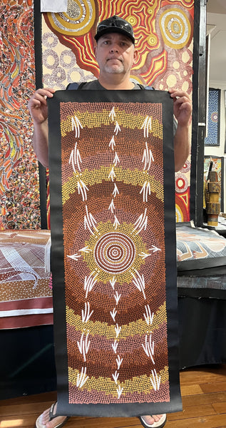 #289 Emu & Kangaroo at Waterhole (Earth) BEVAN CLANCY TJAMPITJIMPA Aboriginal Art: 120cm x 39cm