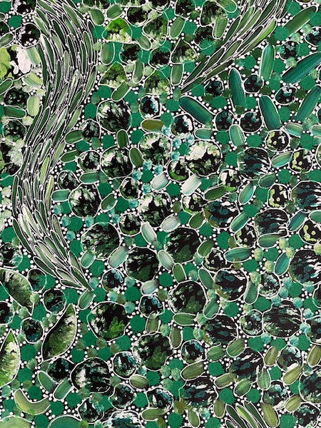#101 Bush Yam Dreaming (Greens) - RACHAEL NAMBULA: Aboriginal Art 90cm x 200cm