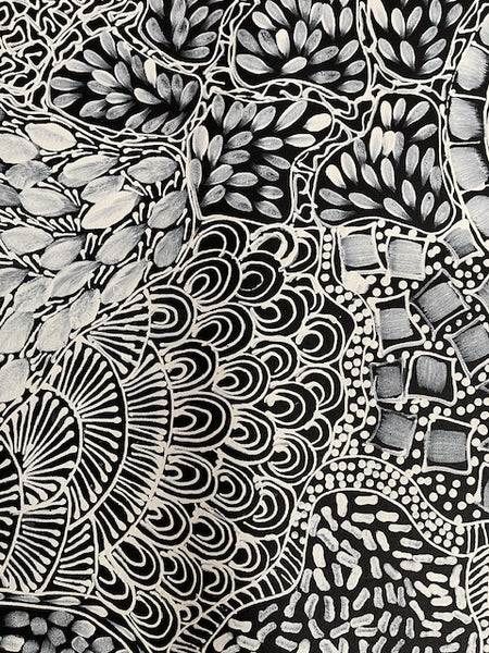 #36 Bush Flower Dreaming (White) - RACHAEL NAMBULA: Aboriginal Art 90cm x 200cm