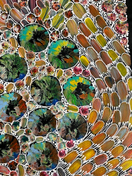 #246 Bush Yam Dreaming (Multi) - RACHAEL NAMBULA: Aboriginal Art 56cm x 200cm