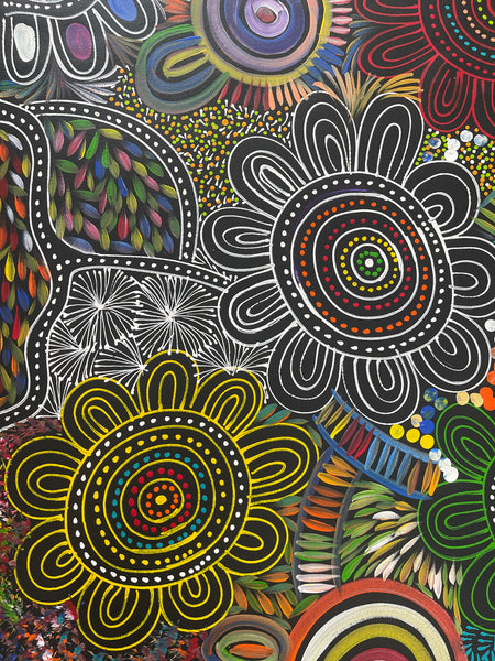 #187 Women Collecting Bush Medicine Leaves & Seeds (Multi)- SELINA NUMINA : Aboriginal Art: 78x94