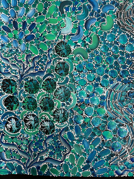 #359 Bush Yam Dreaming (Blues/Greens)- RACHAEL NAMBULA: Aboriginal Art: 93cm x 152cm