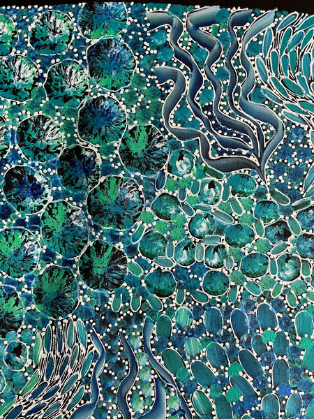 #359 Bush Yam Dreaming (Blues/Greens)- RACHAEL NAMBULA: Aboriginal Art: 93cm x 152cm