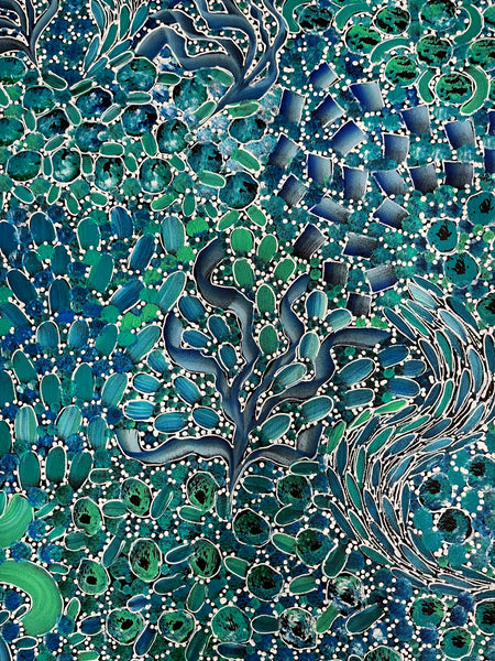 #359 Bush Yam Dreaming (Blues/Greens)- RACHAEL NAMBULA: Aboriginal Art: 93cm x 152cm