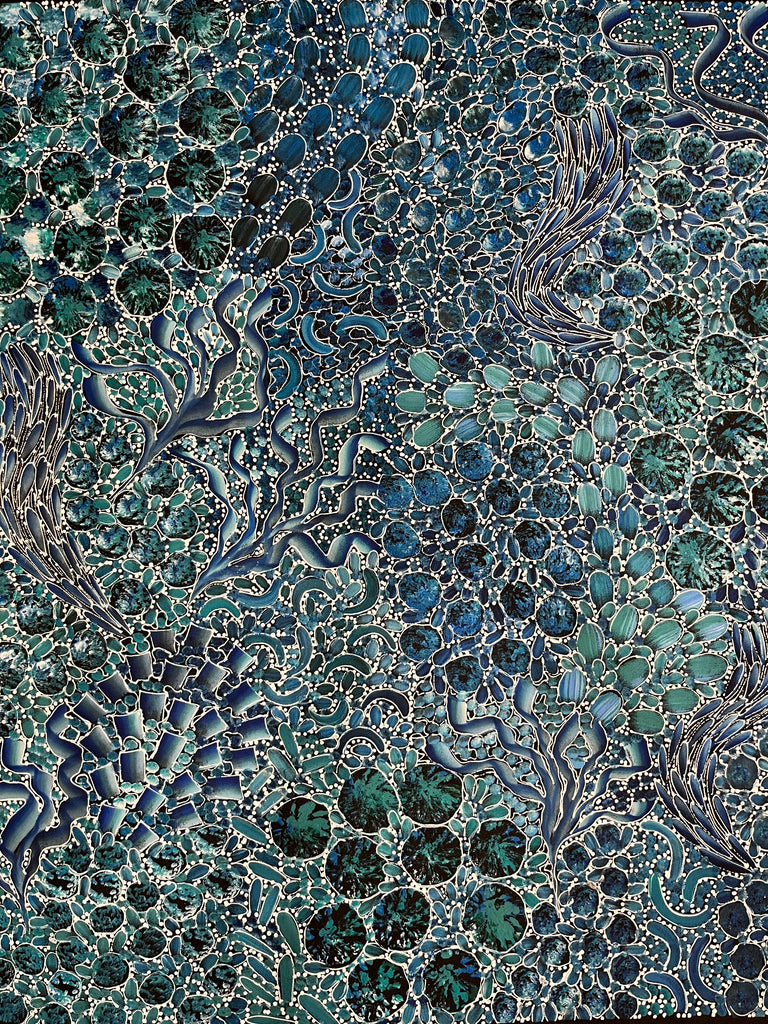 #317 Bush Yam Dreaming (Blues)- RACHAEL NAMBULA: Aboriginal Art: 109cm x 94cm