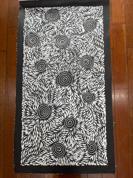 #296 Bush Medicine Leaves & Waterholes (Black/White) - CAROLINE NUMINA : Aboriginal Art: 51x97cm