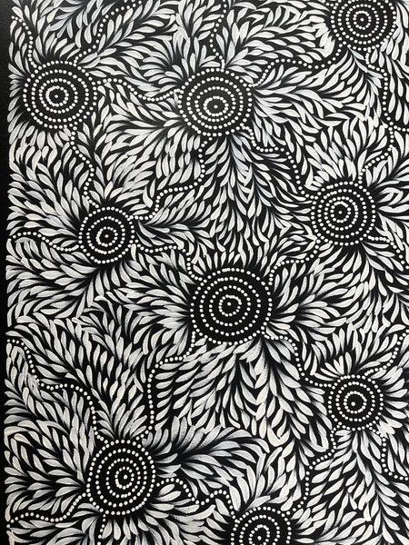 #296 Bush Medicine Leaves & Waterholes (Black/White) - CAROLINE NUMINA : Aboriginal Art: 51x97cm