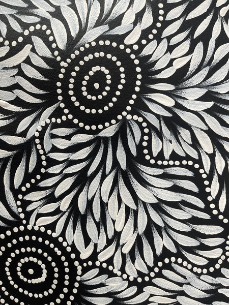 #296 Bush Medicine Leaves & Waterholes (Black/White) - CAROLINE NUMINA : Aboriginal Art: 51x97cm