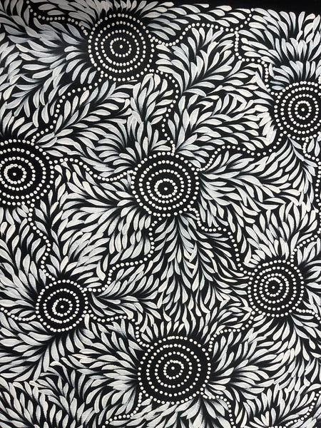 #296 Bush Medicine Leaves & Waterholes (Black/White) - CAROLINE NUMINA : Aboriginal Art: 51x97cm