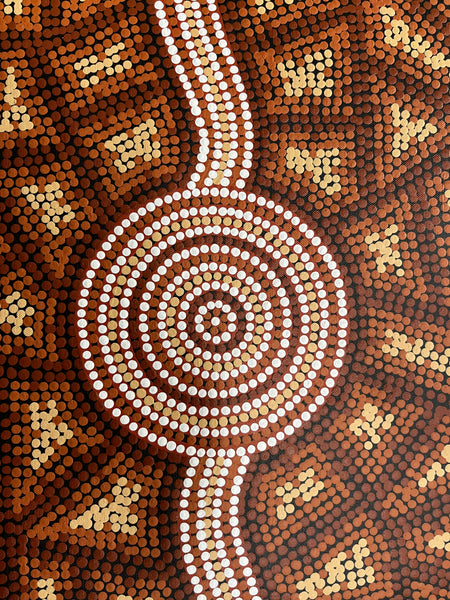 #68 Big River & Waterhole (Earth) BEVAN CLANCY TJAMPITJIMPA Aboriginal Art: 120cm x 39cm