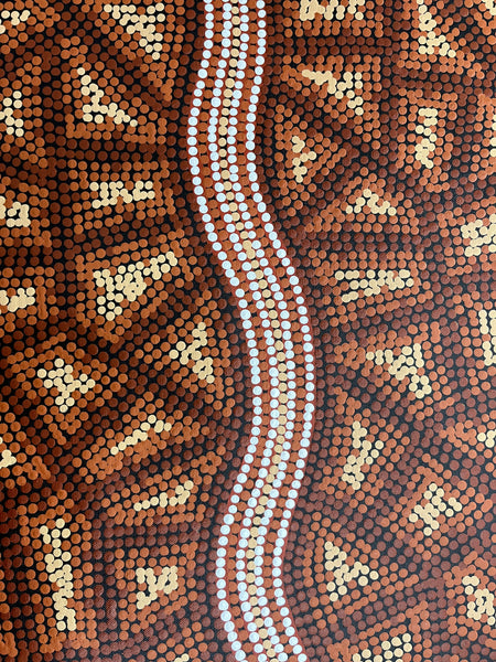 #68 Big River & Waterhole (Earth) BEVAN CLANCY TJAMPITJIMPA Aboriginal Art: 120cm x 39cm