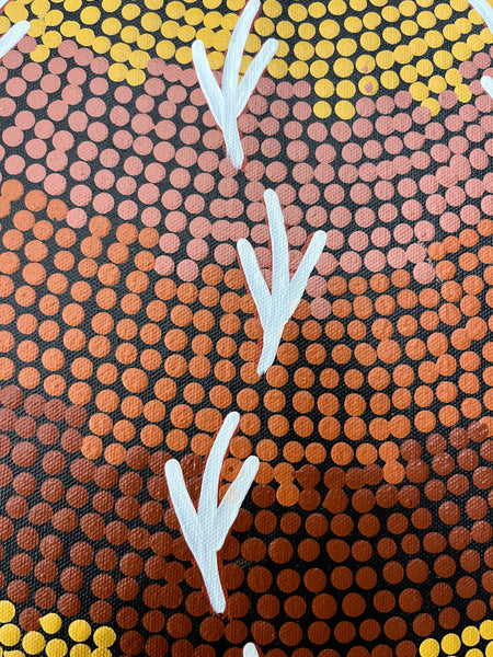 #289 Emu & Kangaroo at Waterhole (Earth) BEVAN CLANCY TJAMPITJIMPA Aboriginal Art: 120cm x 39cm