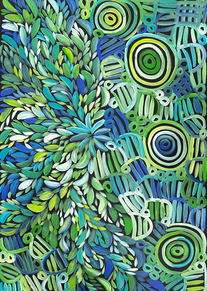 #138 Women's Body Design and Bush Medicine Leaves - Ceremony (Green) LOUISE NUMINA : Aboriginal Art: 134 x 94cm