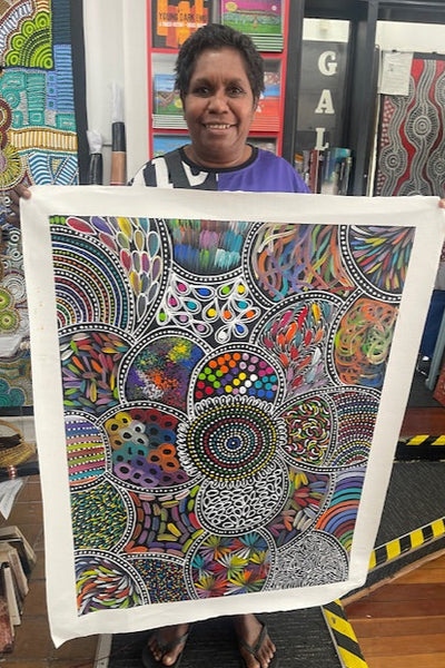 #109 Women Collecting Bush Tucker (Multi)- SELINA NUMINA : Aboriginal Art: 70 x 90cm