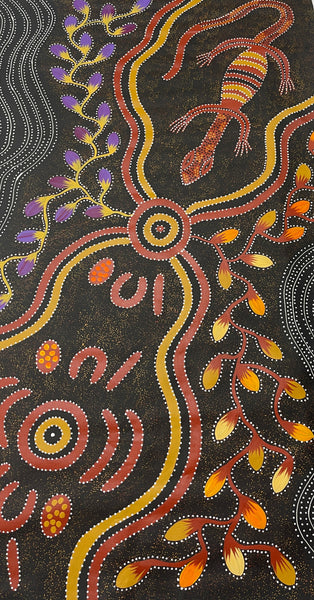#179 Collecting Bush Food and Goanna - JACINTA NUMINA : Aboriginal Art: 86x145cm