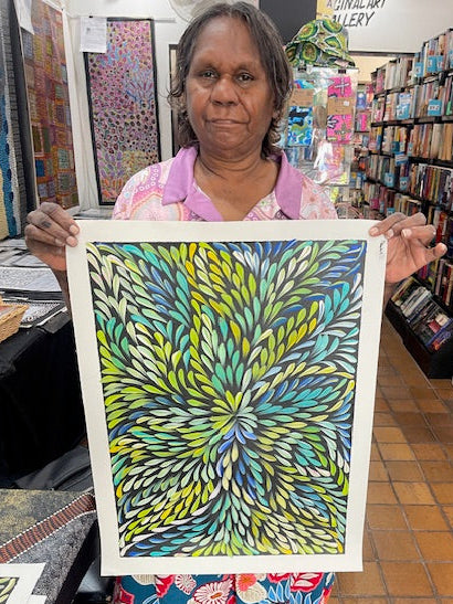 #388 Bush Medicine Leaves (Greens) - CAROLINE NUMINA : Aboriginal Art: 55cm x 40cm