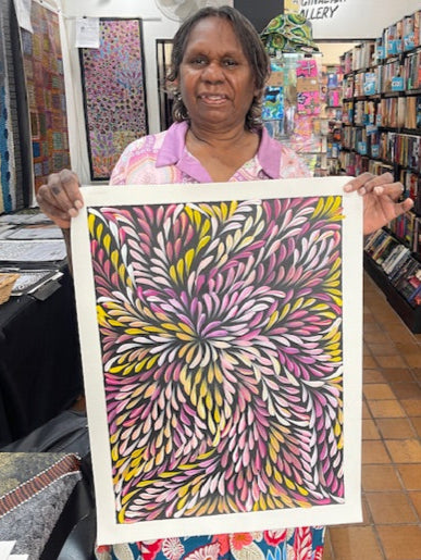 #356 Bush Medicine Leaves (Pink) - CAROLINE NUMINA : Aboriginal Art: 54cm x 55cm