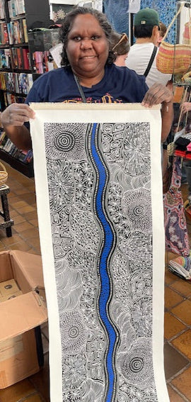 #81 My Country Dreaming (White/Blue) - SHARON NUMINA : Aboriginal Art: 154cm x 40cm