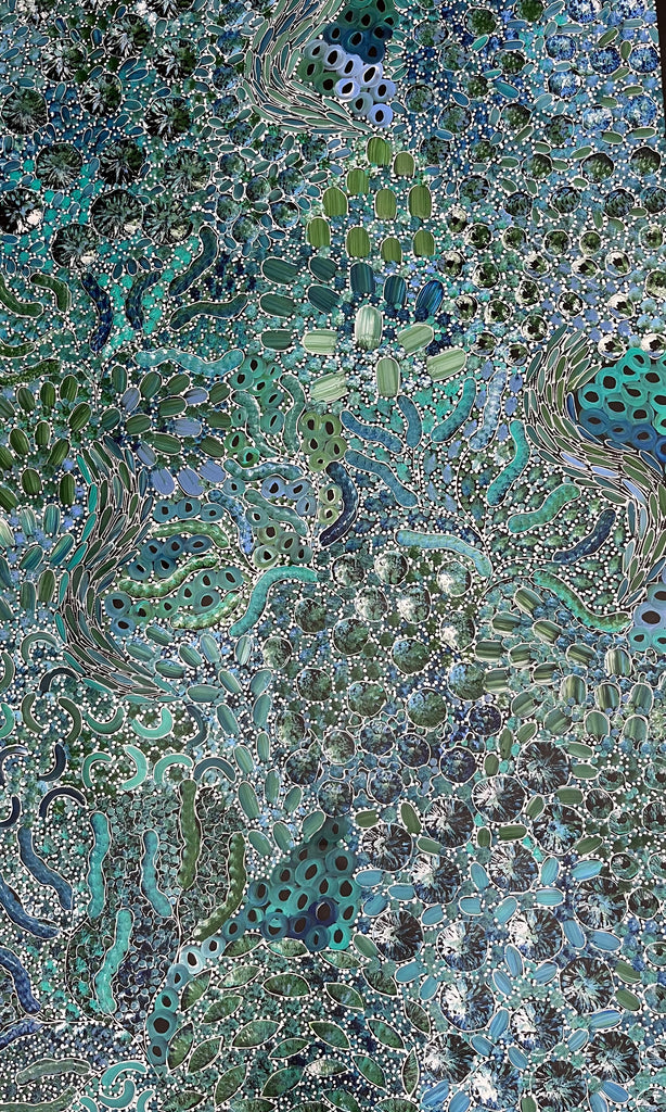 #74 Bush Yam Dreaming (Blues)- RACHAEL NAMBULA: Aboriginal Art: 150cm x 89cm