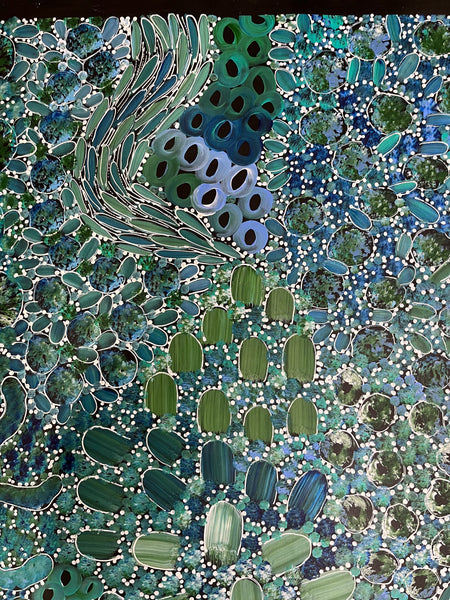 #74 Bush Yam Dreaming (Blues)- RACHAEL NAMBULA: Aboriginal Art: 150cm x 89cm