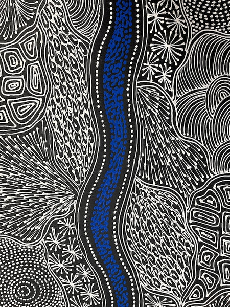 #81 My Country Dreaming (White/Blue) - SHARON NUMINA : Aboriginal Art: 154cm x 40cm