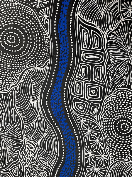 #81 My Country Dreaming (White/Blue) - SHARON NUMINA : Aboriginal Art: 154cm x 40cm