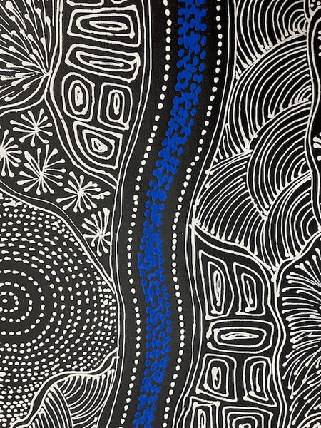 #81 My Country Dreaming (White/Blue) - SHARON NUMINA : Aboriginal Art: 154cm x 40cm