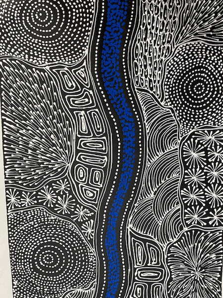 #81 My Country Dreaming (White/Blue) - SHARON NUMINA : Aboriginal Art: 154cm x 40cm