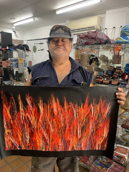 #196 Bush Fire Dreaming (Red/Orange) - REGGIE SULTAN : Desert Art : 42x69cm